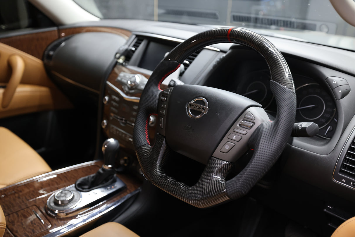 Classic Carbon Black Leather/Perforated Sides Steering Wheel Core to suit Nissan Y62 Patrol (2013-2017)
