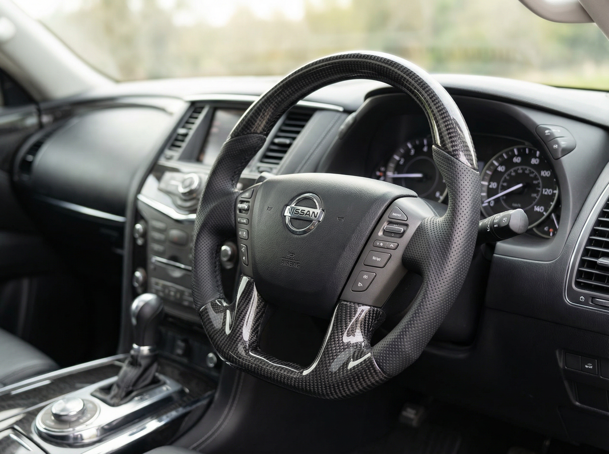 Classic Carbon Black Leather/Perforated Sides Steering Wheel Core to suit Nissan Y62 Patrol (2013-2017)