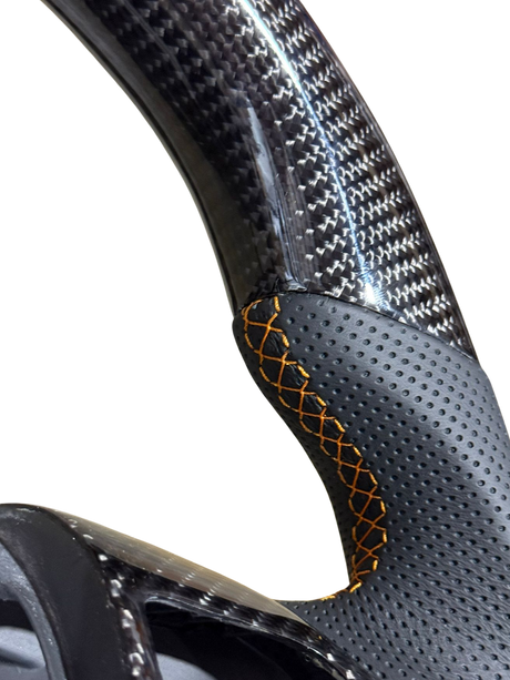 Classic Carbon with Orange Stitch and Orange Leather Stripe Wildtrak Style Steering Wheel to suit Ford Ranger PX2/PX3/EVEREST