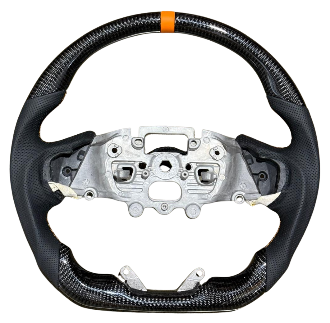 Heated Classic Carbon Orange Leather Stripe & Stitch Flat Bottom Steering Wheel to suit Ford Ranger PX4 Next Gen