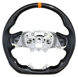 Heated Classic Carbon Orange Leather Stripe & Stitch Flat Bottom Steering Wheel to suit Ford Ranger PX4 Next Gen